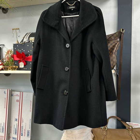 Ellen Tracy Women Black Wool Blend Pockets Classic Casual Overcoat Size 12 - Picture 1 of 8